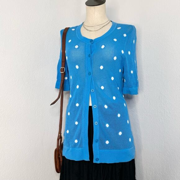 Blue Cotton Polka Dot Cardigan Sheer Size Medium Y2k Coquette Preppy Bright - Picture 1 of 7